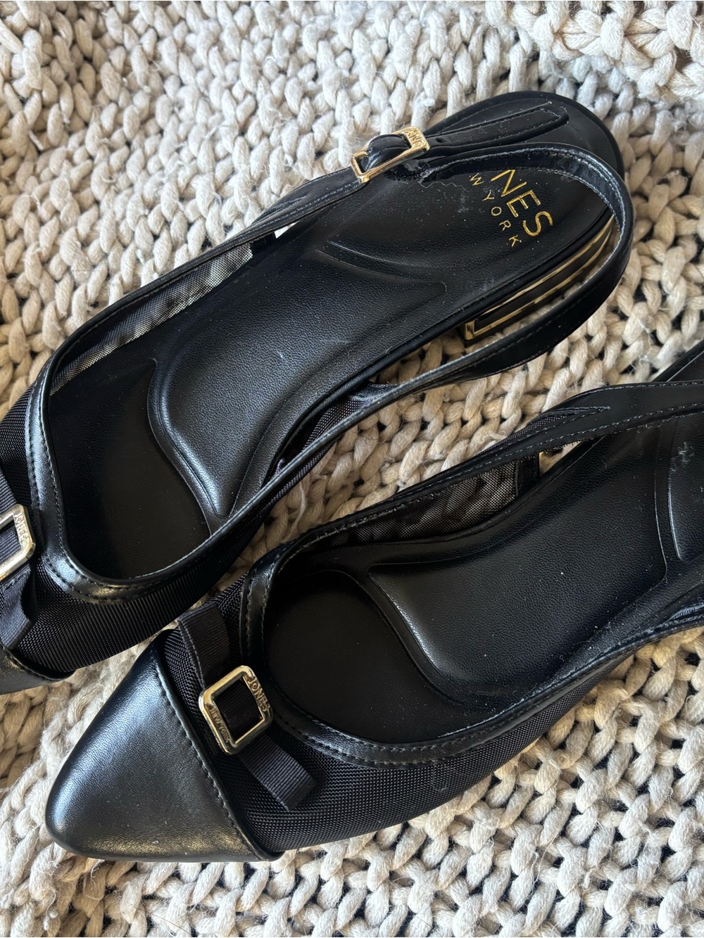 Jones New York Black Pointed Toe Slingback Flats with Gold Buckles